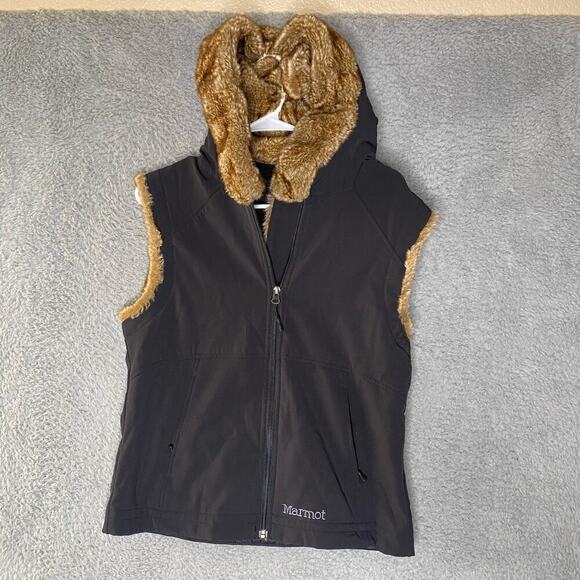 Marmot Jackets & Blazers - Marmot Softshell Vest Womens M Black Faux Fur Lined Hood Full Zip outerwear